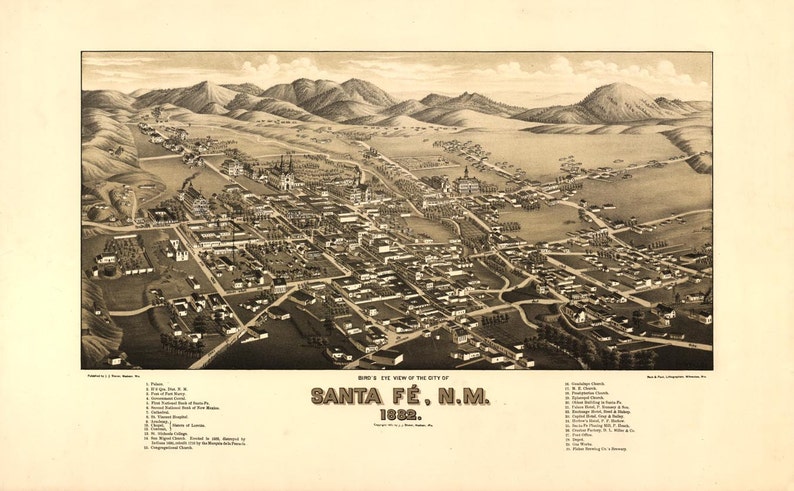Antique Bird's Eye View Map Santa Fe New Mexico 1882 image 1