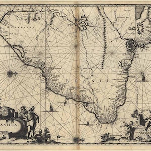 May include: A vintage map of Brazil, showing the coastline and interior of the country. The map is drawn in black and white ink on a cream-colored paper. The map is titled "BRASIL" and includes a compass rose and a scale bar.