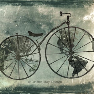 Worldshaker - Antikes Fahrrad Weltkarte Druck