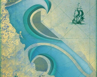 May include: A vintage-style map of California with a blue wave design and the word "CALIFORNIA" in the top right corner. A compass rose is in the bottom left corner and a ship is in the top right corner.