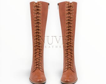Handcrafted Tall Lace-Up Leather Boots in Cognac – Victorian & Regency Inspired Knee High Boots
