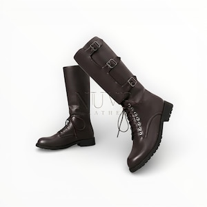 Men’s Genuine Leather Knight Boots – Triple Buckle Lace-Up Combat Boots for Gothic & Cosplay Wear