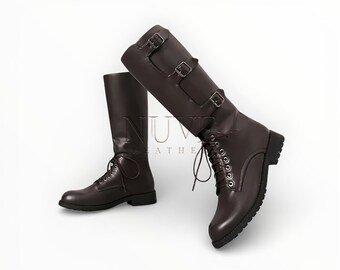 Men’s Genuine Leather Knight Boots – Triple Buckle Lace-Up Combat Boots for Gothic & Cosplay Wear