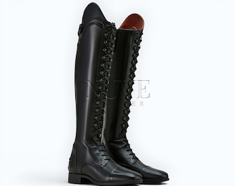 Handcrafted Leather Tall Riding Boots - Lace Up Equestrian Field