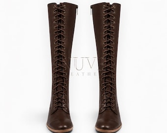 Handcrafted Tall Lace-Up Brown Leather Boots – Victorian & Regency Inspired Knee High Boots