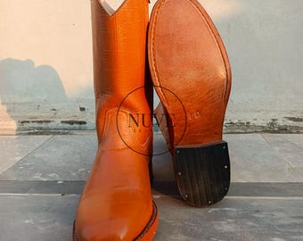 Handmade Tan Leather Cowboy Boots, Crocodile Embossed Roper Boots