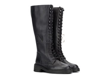 Handcrafted Black Leather Knee-High Lace-Up Boots for Women | Riding Combat Style
