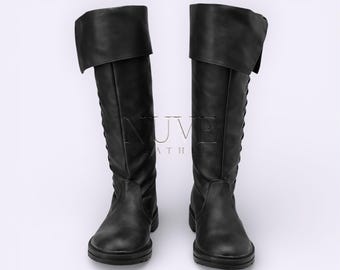 Men’s Black Leather Pirate Boots – Knee-High Renaissance Medieval Lace-Up Buccaneer Boots