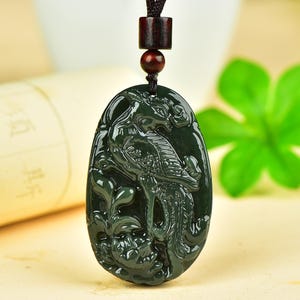 Hand Carved Green Jade Phoenix & Lotus Pendant Necklace, Feminine Lucky Charm