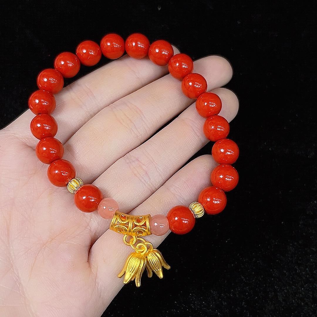 Cinnabar Beaded Bracelet: Gold Accent, Protective Aries Talisman