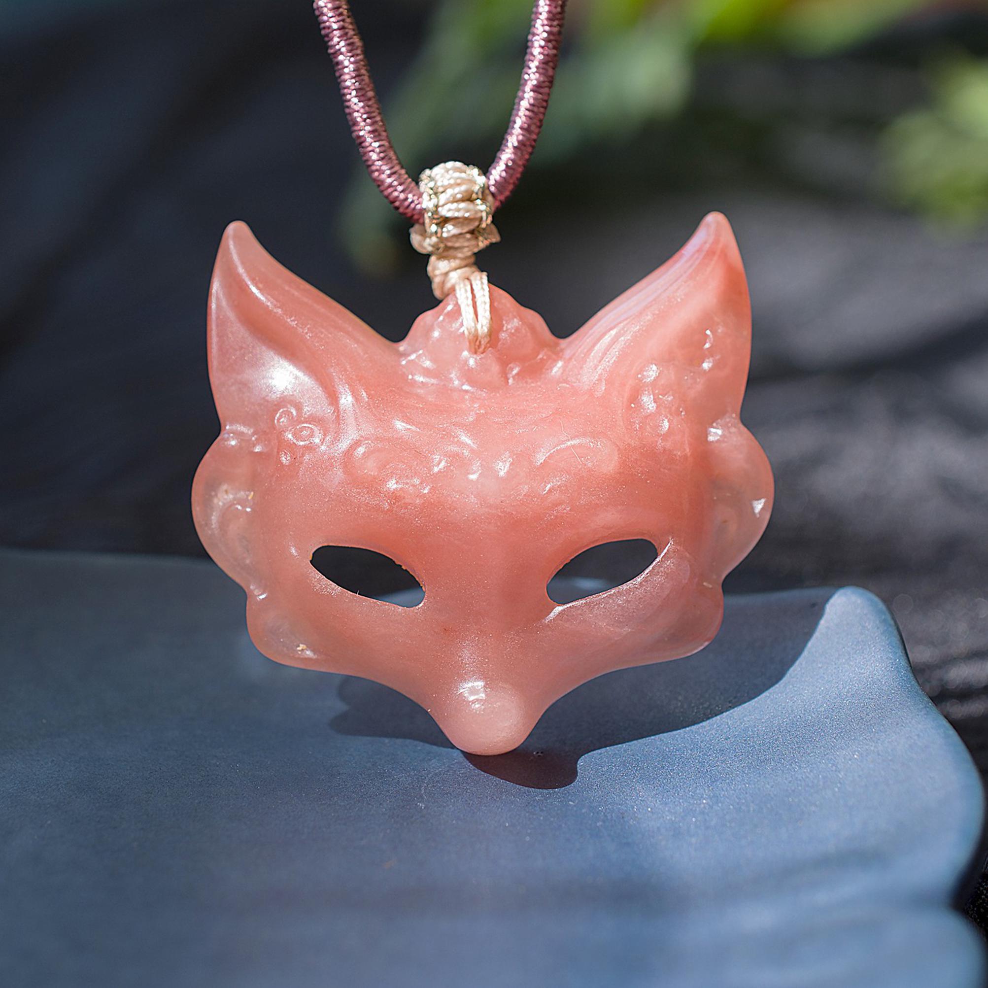 Hand Carved Natural Pink Jade Fox Mask Pendant | Artisan Mythical
