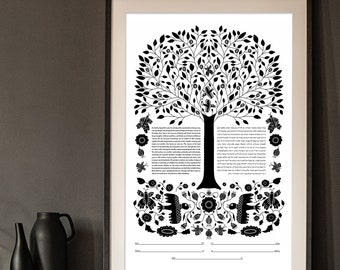 Modern Ketubah wedding Contract - Folk Art Tree of Life | Black and White | Minimal | Interfaith