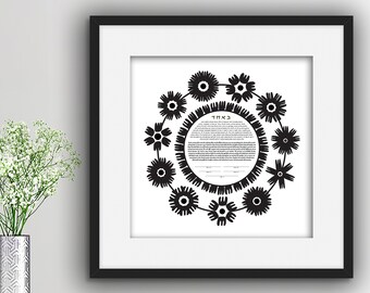 Modern Ketubah || Floral Wreath || Black & White, Minimal, Circular, Garden Wedding, Reform Text, Secular Ceremony, Interfaith, LGBTQ+