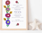 Personalized Baby Girl Birth Certificate | baby naming || Flowers || Judaica | Baby Gift | Simchat Bat | Customized Gift