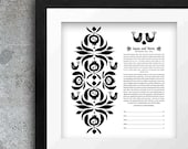 Modern Ketubah || Pomegranate and Love Birds || Black & White, Mid Century, Garden Wedding, Reform Text, Secular, Interfaith, LGBTQ+