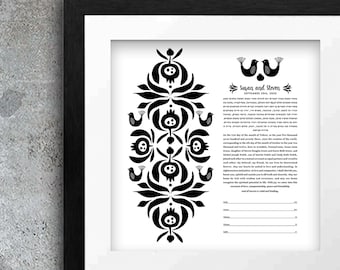 Modern Ketubah || Pomegranate and Love Birds || Black & White, Mid Century, Garden Wedding, Reform Text, Secular, Interfaith, LGBTQ+