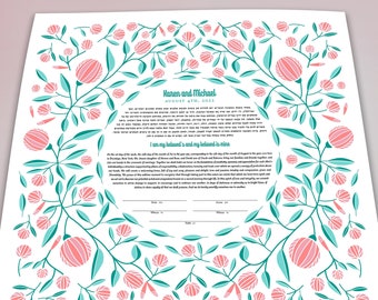 Modern Ketubah || Summer Blooms || Floral Wreath, Circular, Folkart Style, Garden Wedding, Reform, Secular, Interfaith, LGBTQ+, Conservative