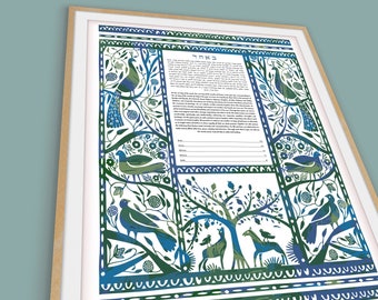 Traditional Ketubah || Birds in the Garden || folkart, Garden Wedding, Reform Text, Secular Ceremony, Interfaith, LGBTQ+, Flying birds
