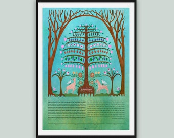 Painted Ketubah || Tree of Plenty || Folkart, Garden Wedding, fruit trees, chuppah branches, all texts