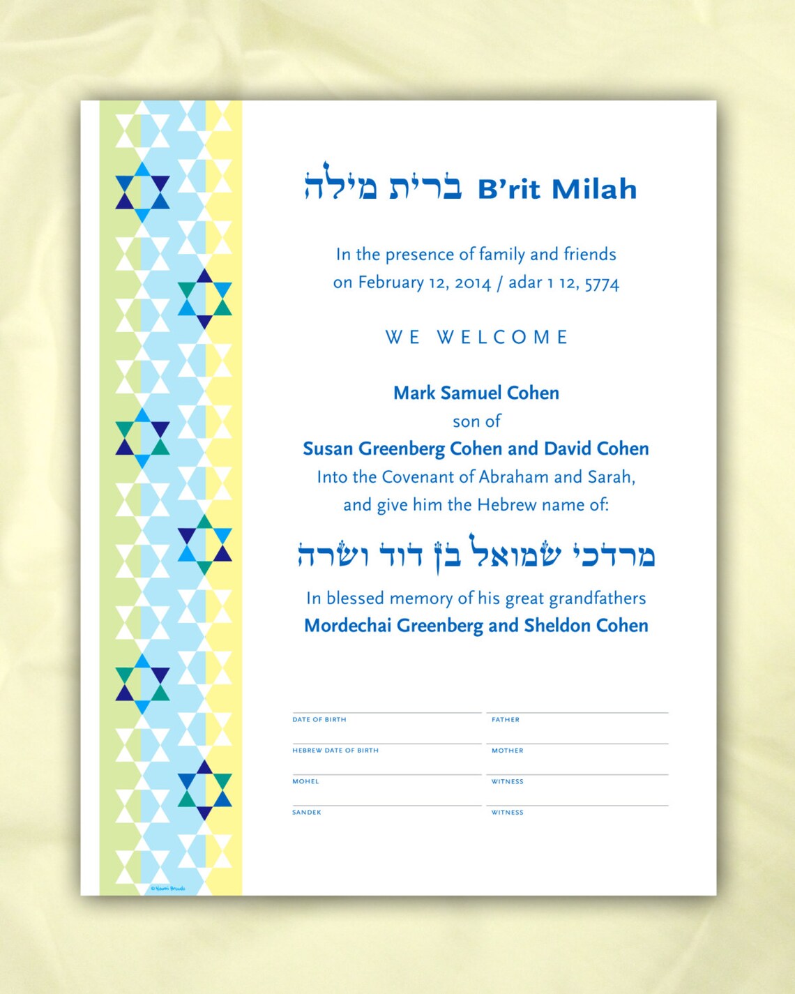 Personalized Bris, B'rit Milah Certificate Star of David Over Stripes ...