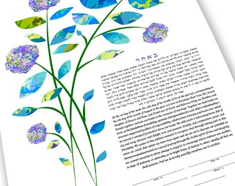 Modern ketubah || Hydrangea bouquet || Garden Wedding, Floral Watercolor, Reform Ketubah, Interfaith Ketubah, Egalitarian ketubah, LGBTQ+