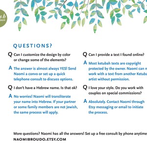 May include: A graphic with a green leafy background and text that reads "QUESTIONS?" with a question mark in a circle. The text below the question mark asks "Can I customize the design by color or change some of the elements?" and the answer is "The answer is almost always YES! Send Naomi a convo or set up a quick telephone consult to discuss options."