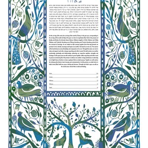 May include: A traditional Jewish Ketubah, or marriage contract, with a blue and green floral design. The text is in Hebrew and English and includes the names of the couple, the date of the wedding, and the location. The Ketubah is a beautiful and meaningful document that symbolizes the union of two people.