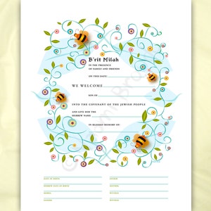 Digital/Editable Download- Bris, B&#39;rit Milah Certificate | Brit Shalom | Baby naming || bees and Flowers || Print at Home| UNFRAMED | DIY |