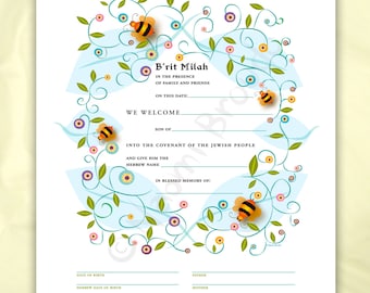 Digital/Editable Download- Bris, B'rit Milah Certificate, Baby naming, bees