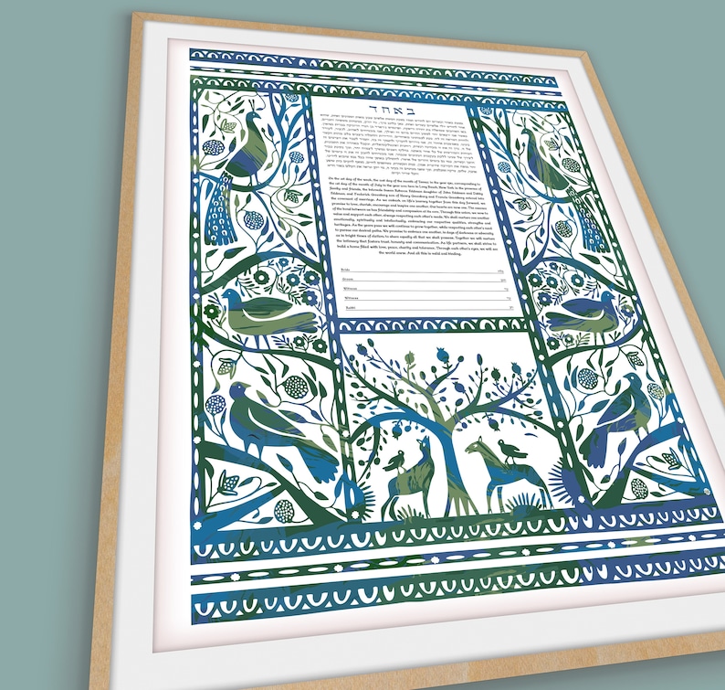 May include: A blue and green ketubah with a floral design and birds. The text in Hebrew reads "Ketubah".