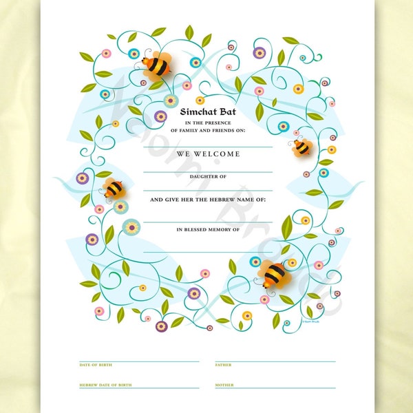 Digital/Editable Download | Simchat Bat Certificate | Baby naming || bees || Judaica Gift | Star of David