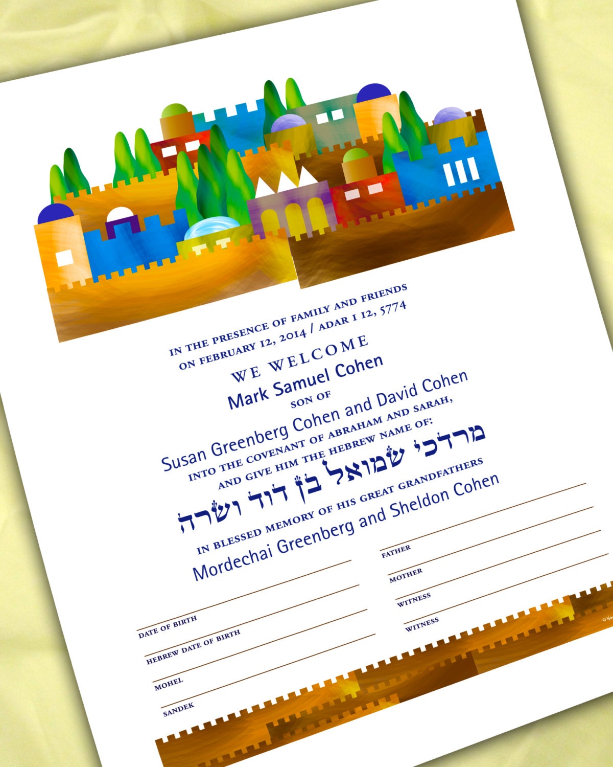 Personalized Bris B'rit Milah Certificate Jerusalem | Etsy