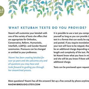 May include: A white background with green leaves at the top. The text "WHAT KETUBAH TEXTS DO YOU PROVIDE?" is in a blue font. The text below describes the different types of ketubah texts available, including Orthodox, Conservative, Reform, Humanistic, Interfaith, LGBTQ+ and Gender Neutral. The text also mentions that the pronouns can be changed or omitted. The text also mentions that the ketubah can be customized with a text you compose. The text also mentions that there may be an additional charge for translation or retyping. The text also mentions that the texts can be previewed upon request. The text also mentions that Naomi has been creating ketubot for over 30 years and welcomes any questions. The text also mentions that Naomi has all the answers and to set up a free consult by phone anytime. The text also mentions the website NAOMIBROUDO.ETSY.COM.