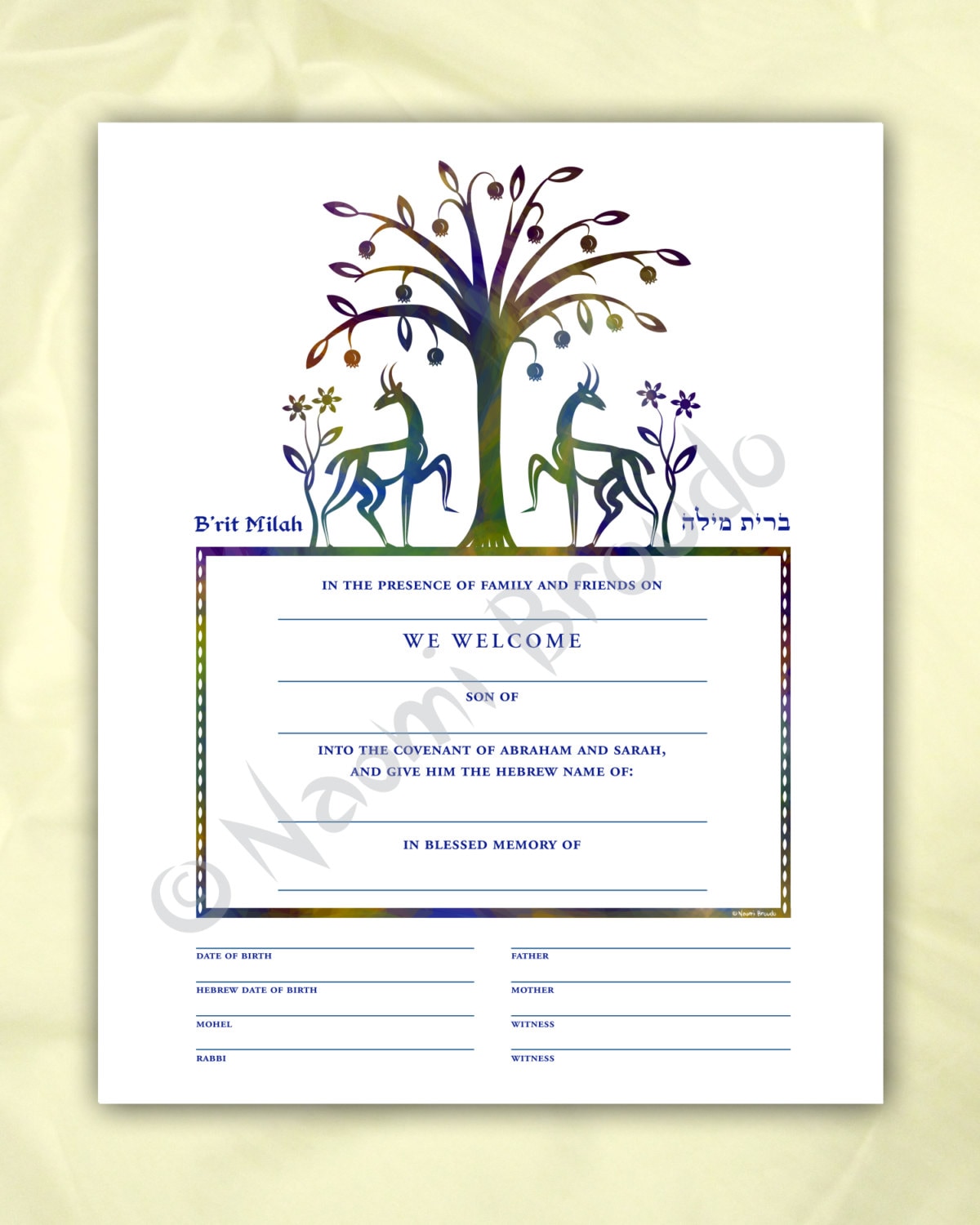 Digital/Editable download B'rit Milah Certificate || Biblical Animals and Flowers || pdf form | Tree of Life | Pomegranate | Baby Naming