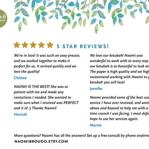 May include: Five star reviews for a ketubah service. The reviews highlight the quality of the ketubah, the ease of working with the artist, and the high level of customer service provided. The text includes the website address NAOMIBROUDO.ETSY.COM.
