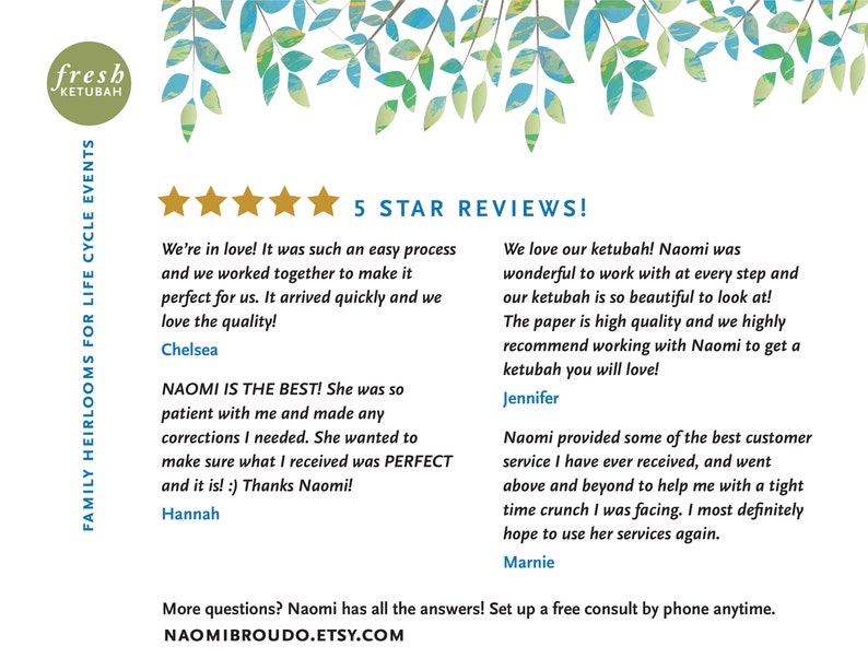 May include: Five star reviews for a ketubah service. The reviews highlight the quality of the ketubah, the ease of working with the artist, and the high level of customer service provided. The text includes the website address NAOMIBROUDO.ETSY.COM.