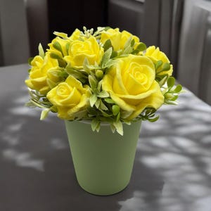 Yellow Soap Flower Bouquet in Paper Vase – Handmade Gift for Her, Mini Floral Arrangement, Bathroom Decor, Scented Soap Flowers