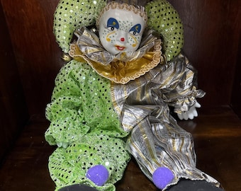 Vintage Green Sequins, Metalluc Silver and Gold and purple on shoes Porcelain Harlequin Jester Clown Doll, 19 Inch Tall