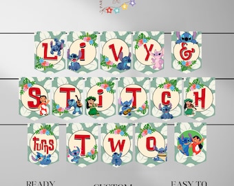 Stitch Födelsedagsbanderoll Hawaiian Party Girlang Prinsessa Lila Sparv Ö Flicka Dekor Blå Alien Partybanderoller Stitches