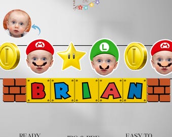 May include: A custom banner featuring a baby's face with Mario-themed elements. The design includes a red hat with an "M", a green hat with an "L", gold coins, a yellow star, and the name "BRIAN" in colorful letters. The banner is designed with a brick border.
