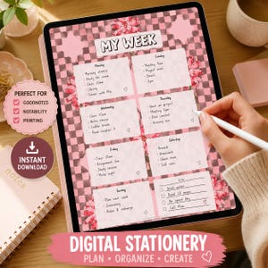 May include: A digital planner on a tablet with a pink checkered background and floral accents. The planner displays a weekly schedule with sections for each day, including tasks and to-do lists. The text "MY WEEK" is at the top, and "DIGITAL STATIONERY" is at the bottom.