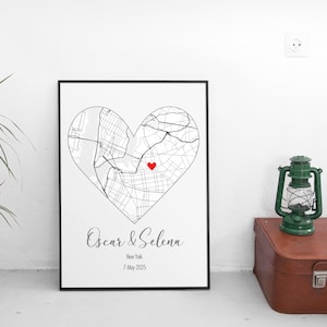 Personalisiertes Herz Karte Poster, personalisiertes Paar Geschenk mit Ort und Datum, digitale Wandkunst für Hochzeit, Verlobung, Jahrestag, Valentinstag