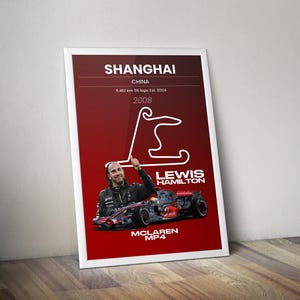 Pôster do circuito de Xangai Lewis Hamilton McLaren MP4 2008, arte digital de parede de Fórmula 1, impressão do Grande Prêmio da China, decoração de mapa de pista de F1