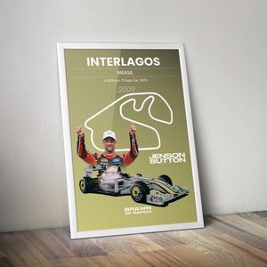 Póster del circuito de Interlagos de Jenson Button Brawn GP BGP001 2009, arte mural digital de Fórmula 1, impresión del Gran Premio de Brasil, mapa de la pista de F1