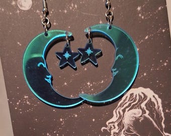 blue iridescent crescent moon & star earrings