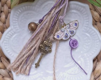 purple tiny vial & moth tassel keychain