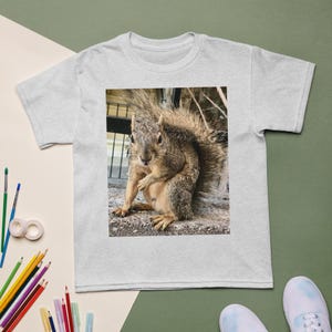 Puede incluir: Camiseta gris claro con una imagen detallada de una ardilla. La ardilla es marrón y beige, con una cola esponjosa y está sentada sobre una superficie de piedra. La camiseta está hecha de un material suave.
