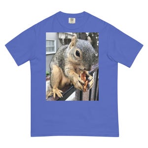 Puede incluir: Camiseta azul con una imagen impresa de una ardilla comiendo una nuez. La ardilla tiene pelaje gris y marrón y está sentada en una barandilla negra. El fondo muestra una casa y árboles.