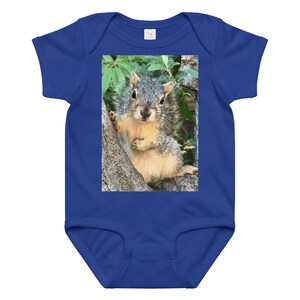 Puede incluir: Body de bebé azul real con una foto de una ardilla en una rama de árbol. La ardilla tiene pelaje gris y marrón. El fondo muestra hojas verdes. El body está diseñado para bebés.
