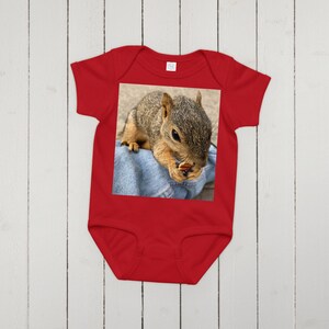 Puede incluir: Body de bebé rojo con una imagen en primer plano de una ardilla comiendo una nuez. La ardilla tiene pelaje marrón y gris y está sentada sobre mezclilla azul. El body está hecho de material suave.